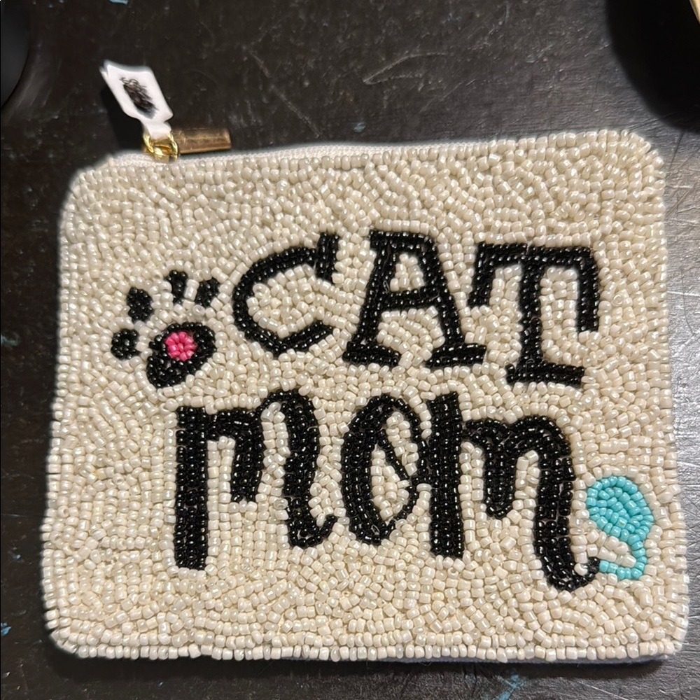 Cat Mom Beaded Pouch - Cream and Black